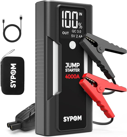 Portable Jump Starter, 4000A Peak Car Battery Charger, 12V Jump Box for Truck up to 10L Diesel, Motorcycle, Dual USB, LED Light, Great Battery Jumper for Road Side Emergency Kit for Car