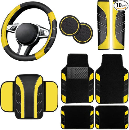 NBTEPEM 10 Pcs Car Floor Mats Full Set & Sport Leather Steering Wheel Cover 14.5-15 inch, Center Console Cover, Seat Belt Cushion, Cup Holder Coaster, Universal Automobile Interior Sets (Yellow)