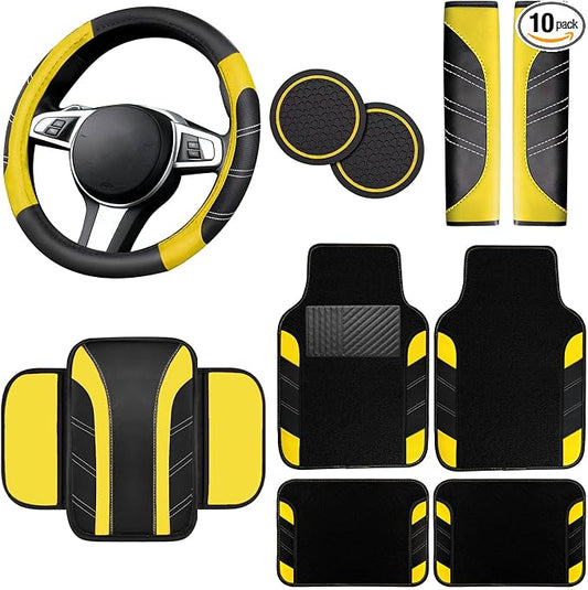 NBTEPEM 10 Pcs Car Floor Mats Full Set & Sport Leather Steering Wheel Cover 14.5-15 inch, Center Console Cover, Seat Belt Cushion, Cup Holder Coaster, Universal Automobile Interior Sets (Yellow)