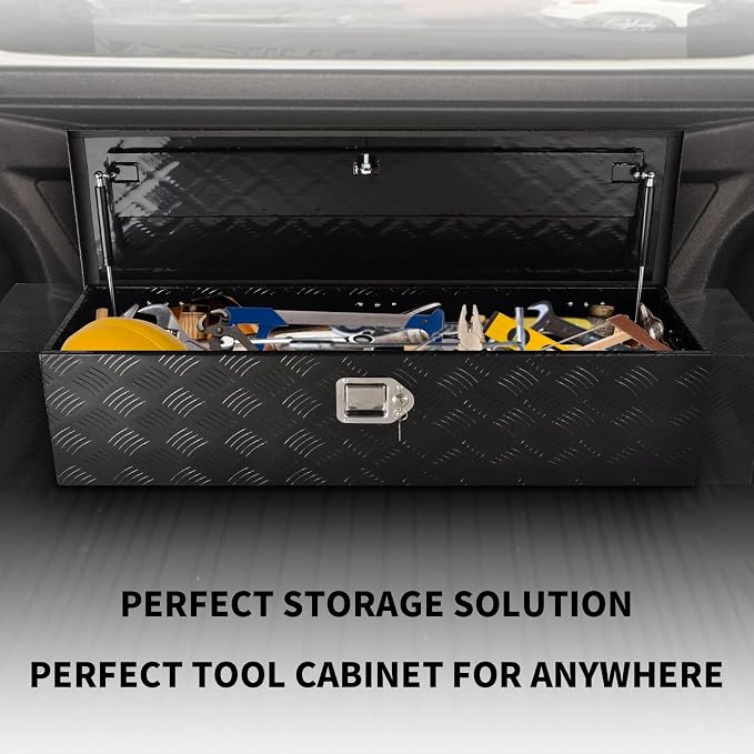 39 Inch Heavy Duty Aluminum Truck Bed Tool Box, 5 Bar Tread Storage Organizer, Lock & Keys, Black (39"x13"x10")