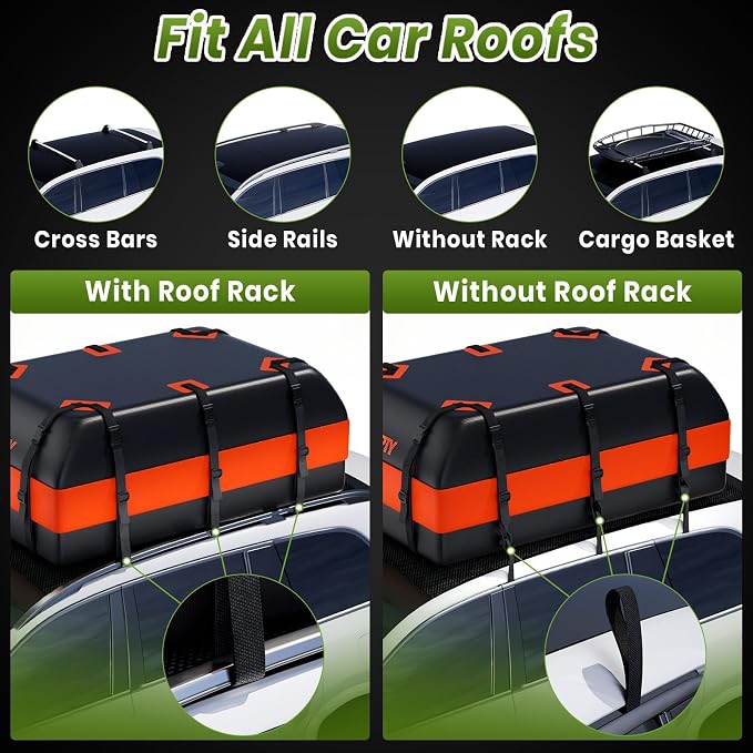 APTY 23 Cubic Feet Car Rooftop Cargo Bag Carrier, Soft Roof Top Luggage Bag for All Vechicles with/Without Racks - with Waterproof Zip, Luggage Lock, Anti-Slip Mat, Storage Bag, Door Hooks