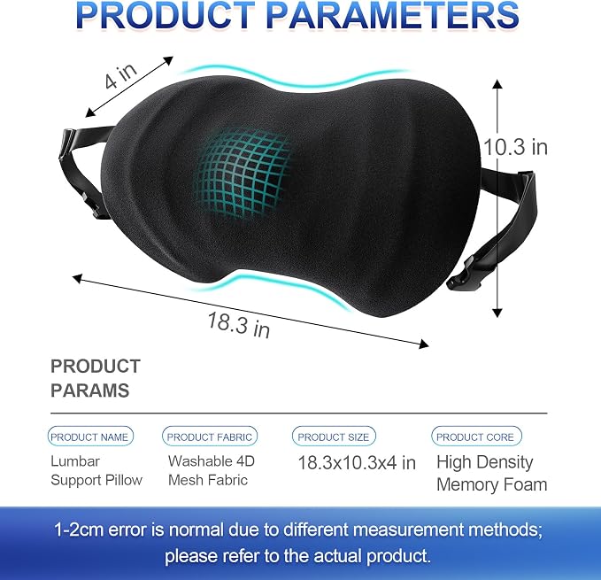 Lumbar Support Pillow, Ergonomic Back Cushion for Office Chair with Adjustable Straps & Detachable Breathable Cover,Memory Foam Car Lumbar Pillow, Back Support Pillow for Car, Office,Bed Rest,A-Black