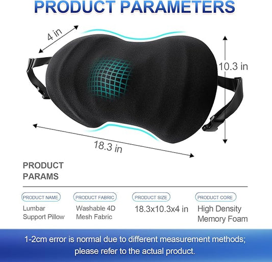 Lumbar Support Pillow, Ergonomic Back Cushion for Office Chair with Adjustable Straps & Detachable Breathable Cover,Memory Foam Car Lumbar Pillow, Back Support Pillow for Car, Office,Bed Rest,A-Black