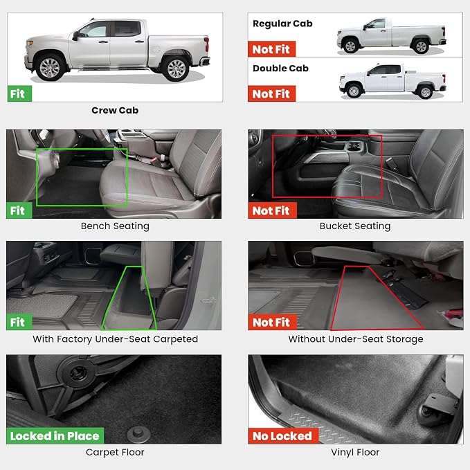 LASFIT Floor Mats 2019-2026 for Chevy Silverado/GMC Sierra 1500, 2020-2026 2500HD 3500HD, Crew Cab Only/Bench Seat (Only Fit with Rear Under-Seat Storage, But Not Fit 2nd Row Plastic Storage)