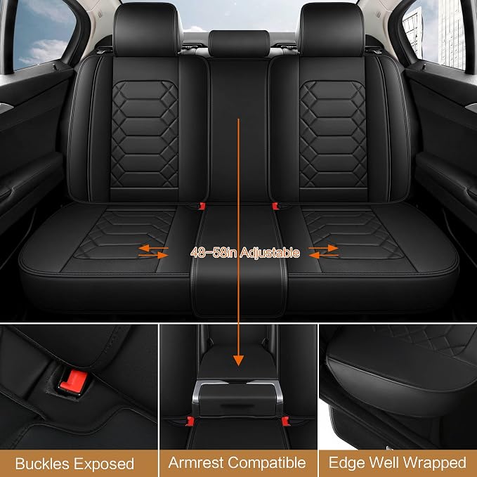 HAIYAOTIMES Leather Car Seat Covers Full Set, Waterproof Faux Leather Seat Covers for Cars, Non-Slip Car Interior Covers Universal Fit for Most Cars Sedans Trucks SUVs, Black