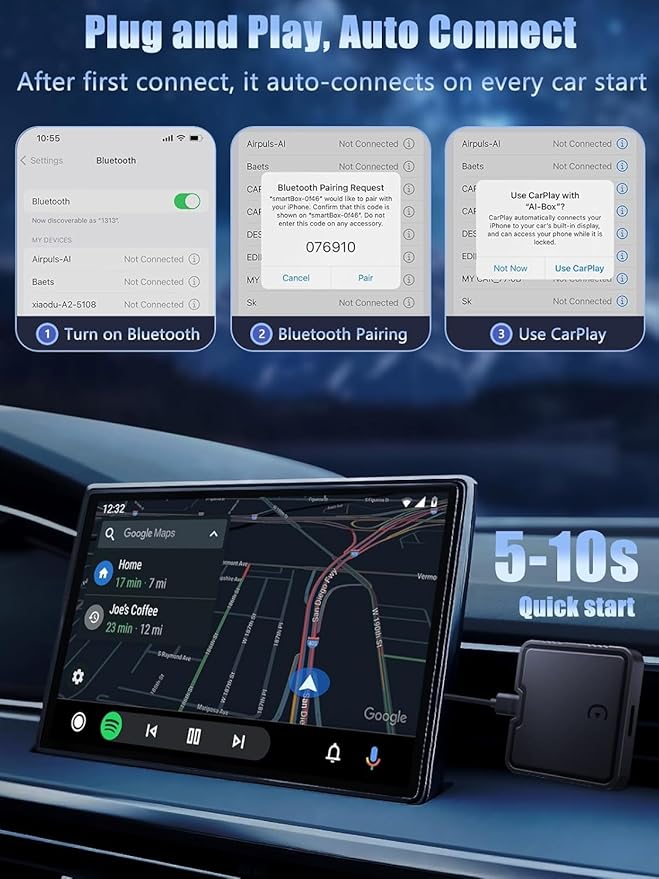 Wireless CarPlay Adapter AI Box for iPhone & Android Auto – YouTube & Netflix Support, TF Card Offline Playback, Plug and Play, Wired to Wireless Conversion, Stable 5.8GHz WiFi & Bluetooth 5.3