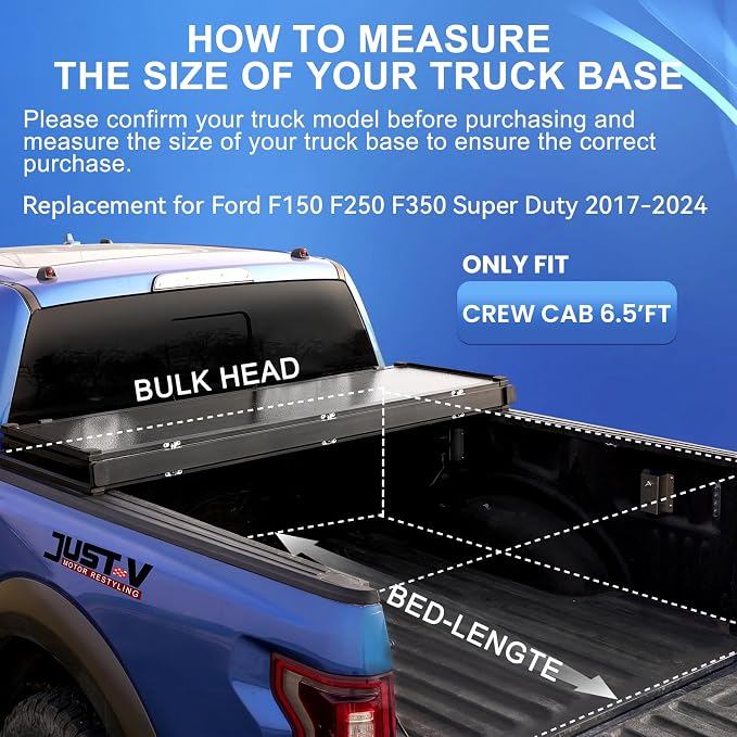 Just-V Hard Tri-Fold Truck Bed Tonneau Cover for Ford F250 F350 Super Duty 2015-2024 Only Fit Crew Cab 6.8 FT Bed (81.9"), Upgrade Solid FRP Textured Black