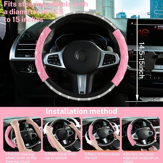 Steering Wheel Cover，with Diamond Crystal Rhinestone,Delicate and Anti-Slip Bling Steering Wheel Cover ，Adaptable to 14.5-15 inches Car Wheel Protector for Women Girl ，Black & Pink