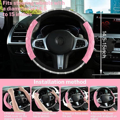 Steering Wheel Cover，with Diamond Crystal Rhinestone,Delicate and Anti-Slip Bling Steering Wheel Cover ，Adaptable to 14.5-15 inches Car Wheel Protector for Women Girl ，Black & Pink