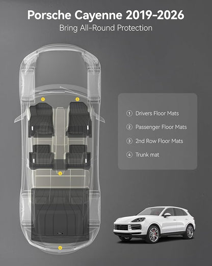 3W Floor mats &Cargo Liner for Porsche Cayenne 2019-2025 2026, TPE All Weather Custom Fit Floor Liner for Porsche Cayenne Full Set Car Mats, Black
