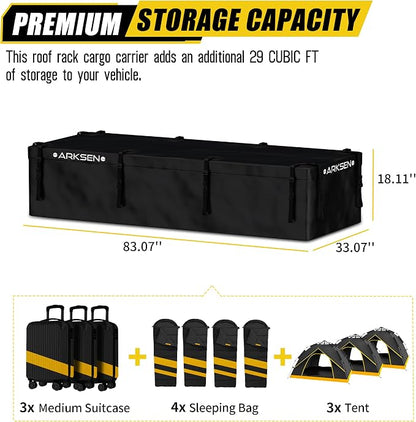 ARKSEN Roof Top Luggage Storage Bag for 84" x 39" Roof Baskets Waterproof 29 Cubic Feet (83.07"L x 33.07"W x 18.11"H) with 12 Straps Anti-Slip Mat 8 Door Hooks for All Vehicles with or without Rack