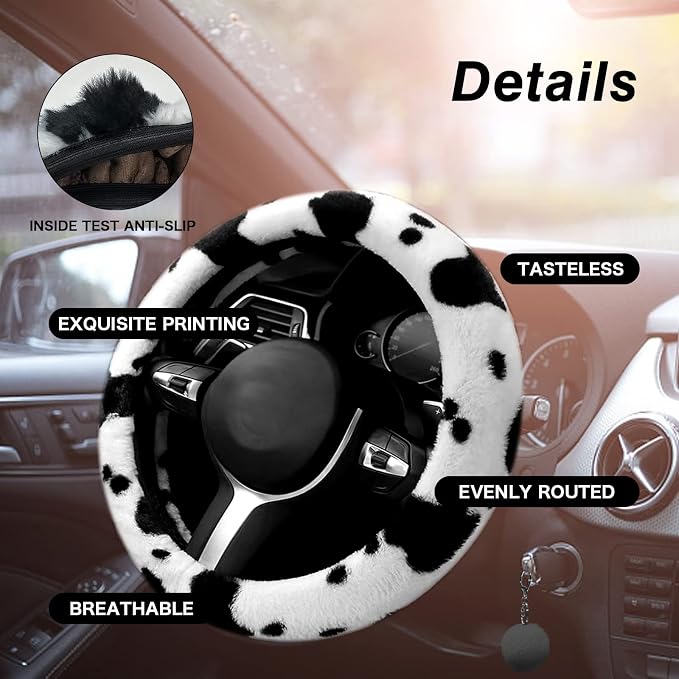 6PCS Set car Interior Aesthetic Accessories, Fluffy Cute Cows Steering Wheel Cover, armrest pad, seat Belt Cover,Gear Shift Cover, Fit Girly car
