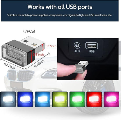 Dickno 7 PCS USB LED Car Interior Atmosphere Lamp, Portable Mini LED Night Light, Plug-in USB Interface Trunk Ambient Lighting Kit, Universal Vehicle Interior Accessories (Multi-Colour)