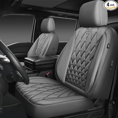CAR PASS Piping Luxury PU Leather Two Front Car Seat Covers, Waterproof Anti Slip Seat Covers Compatible with Front Seat Armrests,Universal Fit for Suvs,Vans,Trucks,Airbag Compatible(All Gray)