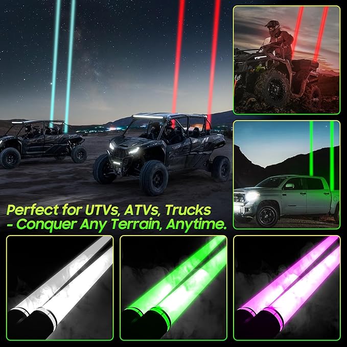 2PCS Upgraded Whipless LED Laser Whip Lights for Side-by-Side/UTV/ATV/Trucks, Ultra-Bright Focused Beam, RGBW Off-Road Lights with APP/Remote/Rocker Switch, IP68 Waterproof 12V DC