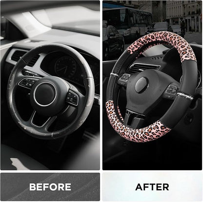 Road Comforts Leopard Steering Wheel Cover for Women, Cute Anti-Slip Microfiber Leather, Fits 14.5-15 Inch Steering Wheel 14.5-15 Inch - Black and Pink Cheetah