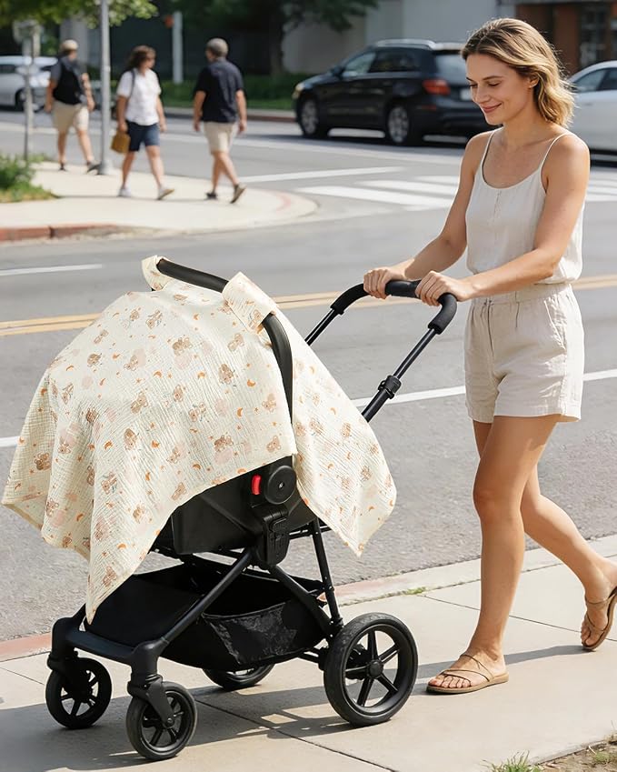 100% Muslin Cotton Car Seat Cover for Baby, Breathable Soft Car Canopy & Sunshade, Universal Infant Carseat Cover, Lightweight Summer Stroller Cover for Boys Girls - Koala