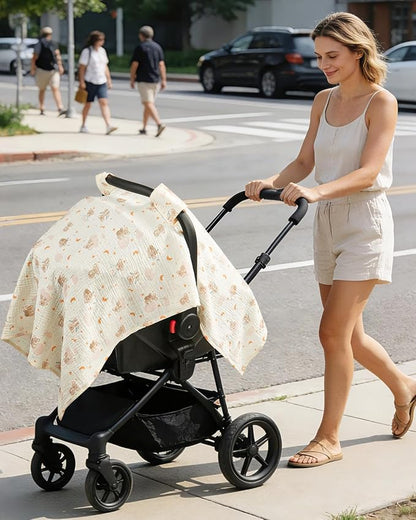 100% Muslin Cotton Car Seat Cover for Baby, Breathable Soft Car Canopy & Sunshade, Universal Infant Carseat Cover, Lightweight Summer Stroller Cover for Boys Girls - Koala