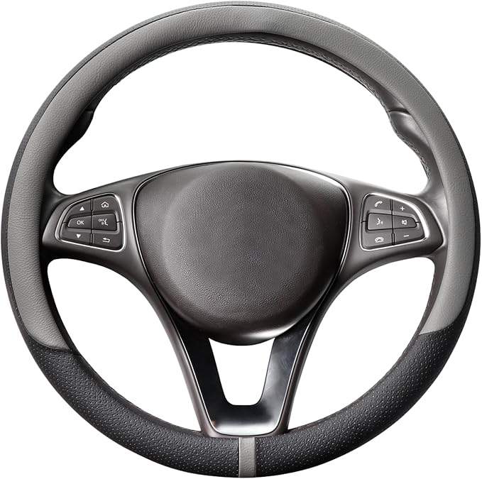 COFIT Breathable Steering Wheel Cover Microfiber Leather with Center Mark Design Universal Medium Size 14 1/2-15 Inch Gray and Black