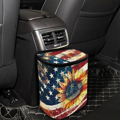 Sunflower American Flag Print Car Trash Can with Lid Car Accessories for Men Women Trash Bin Hanging Back of Seat Collapsible Leak Proof Multipurpose Vehicle Garbage Can