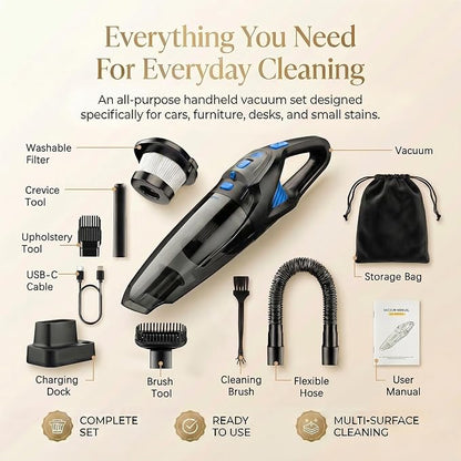 Handheld Vacuum Cordless, 25000Pa Powerful Suction Car Vacuum Portable Cordless with 8000mAh Battery & LED Light, Hand Held Vacuum Rechargeable with HEPA Filters, Home, Car Seats, Pet Hair Blue