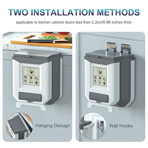 HI NINGER Small Compost Bin with Lid for Counter Top or Under Sink,Hanging Trash can,Foldable Kitchen Trash can 2.4 Gallon for Cabinet/Car Trash Can with Lid/RV/Bathroom/Camping