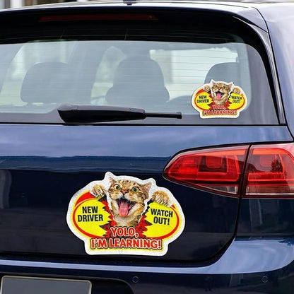 3 Pcs Reflective Student Driver Magnet and Stickers Set - Funny Animal New Driver Safety Signs for Car, Waterproof & Weatherproof High Visibility Vehicle Bumper Decals, Magnet + Stickers (Cat)