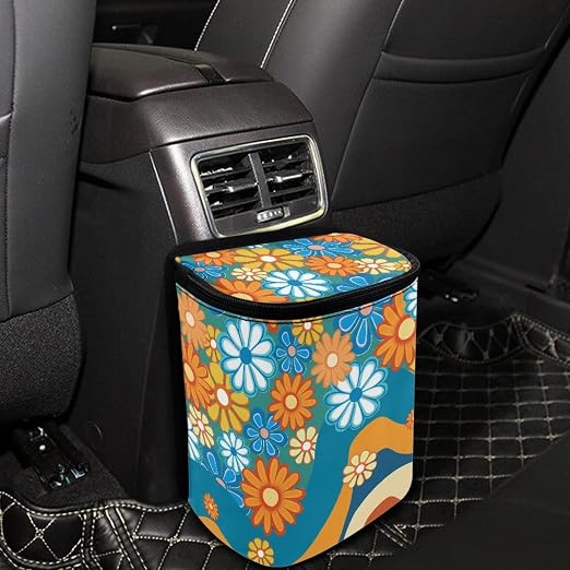 Boho Hippie Flower Swirl Pattern Car Trash Can Leakproof Garbage Bag with Lid and Zipper 1.2Gal Trash Bin Hanging for Back Seat Car Accessories Universal Fit