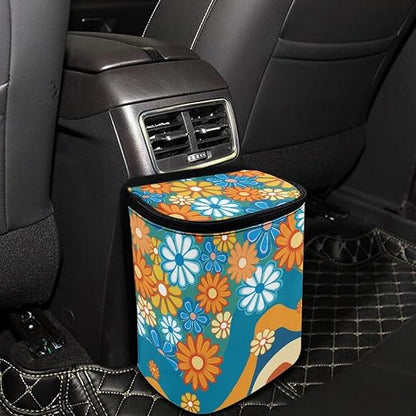 Boho Hippie Flower Swirl Pattern Car Trash Can Leakproof Garbage Bag with Lid and Zipper 1.2Gal Trash Bin Hanging for Back Seat Car Accessories Universal Fit