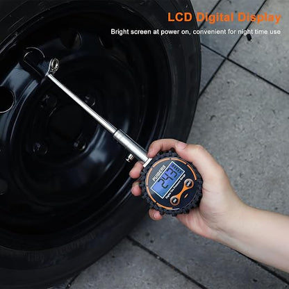 Semi Truck Tire Pressure Gauge Digital 200 PSI, Heavy Duty Dual Head Tire Guage and Backlight LCD Display, Digital Pressure Gauges Certified ANSI B40.1 for Car, Truck, SUV