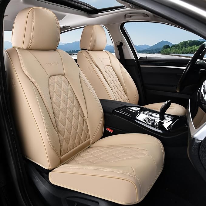 Coverado Front Seat Covers, Luxury Faux Leather Seat Covers for Cars, Beige Car Seat Covers, Car Seat Protector Waterproof, Automotive Interior Accessories Universal Fit for Most Cars Truck SUV Sedan