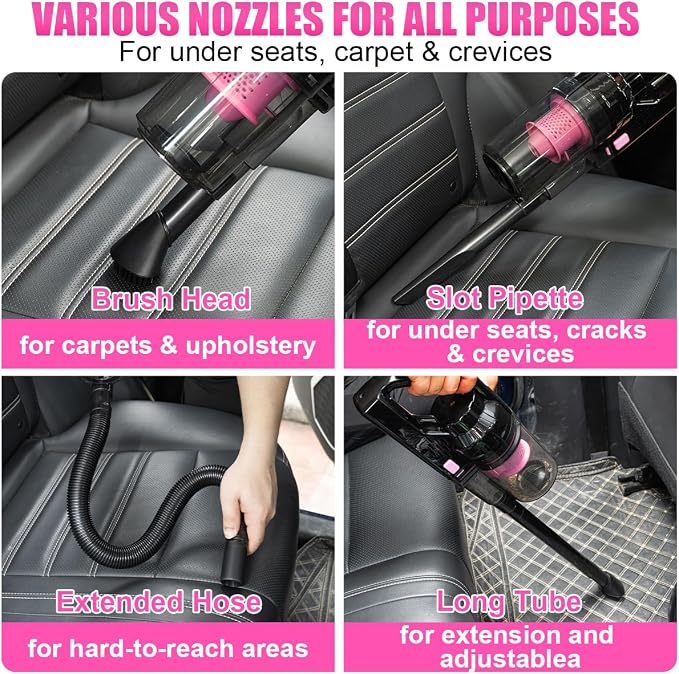 Car Vacuum Cordless Rechargeable, 8000PA High Power Handheld Vacuum Cleaner with 17PCS Car Cleaning Kit, Pink Auto Accessories for Women Gift