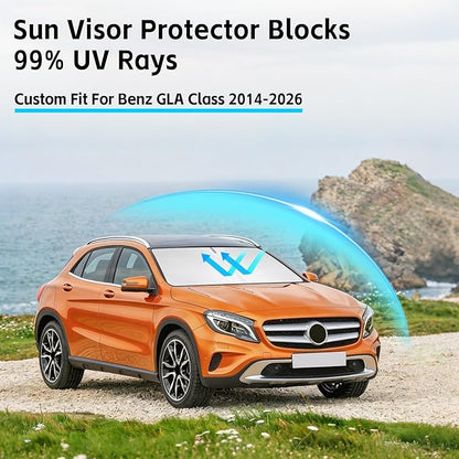 Windshield Sunshade for Mercedes Benz GLA GLA180 GLA200 GLA220 GLA250 2014-2026 Sun Shade 300T Front Window Shade Sun Shield Blocks UV Rays Custom Fit GLA Windshield Cover Foldable Keep Cool