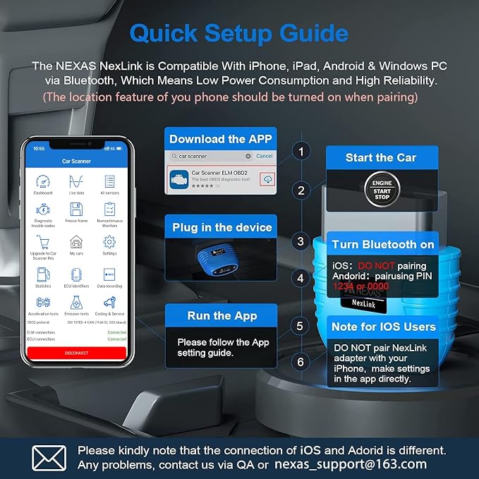 NEXAS NexLINK Bluetooth OBD2 Scanner for Car - Check Engine Light Code Reader with Live Data & Performance Test, Wireless Diagnostic Scan Tool with Resets for All US Vehicles, Works with iOS Android