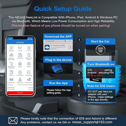 NEXAS NexLINK Bluetooth OBD2 Scanner for Car - Check Engine Light Code Reader with Live Data & Performance Test, Wireless Diagnostic Scan Tool with Resets for All US Vehicles, Works with iOS Android