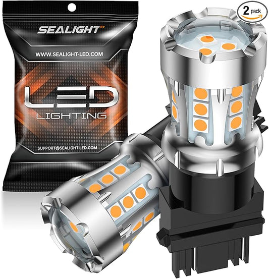 SEALIGHT LED Turn Signal Bulbs 3157 LED Bulb Amber Yellow, 600% Brighter 3156 3057 3157A LED Bulb with Extra Resistor for Front Rear Turn Signal Light, Side Marker Parking Light, 2 Pieces