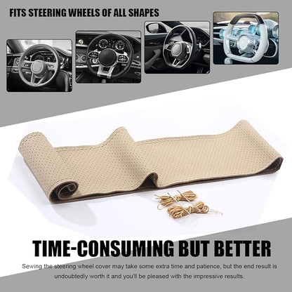 Wevdn Genuine Leather Steering Wheel Cover, Stitch on Wrap, DIY Sewing Steering Wheel Protector, 15 Inch Breathable Non-Slip Steering Wheel Protector, Car Accessories (Beige, Full Hole)