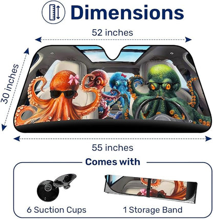 GENANY Colorful Octopus Windshield Cover for Car SUV Truck (55x30 Inches), Foldable Heat Shield, Shades for Front Windows, Protector Blocks UV, Car Decor