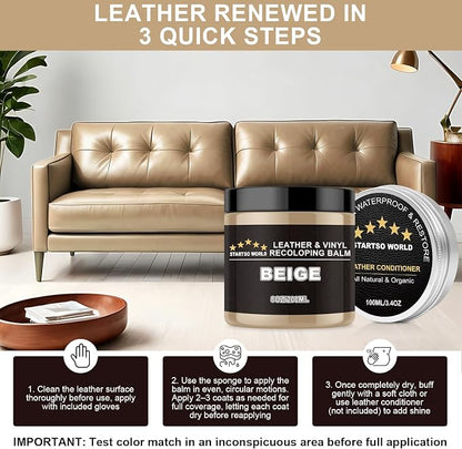 STARTSO WORLD 200Ml Leather Recoloring Balm with 100ML Leather Conditioner, Beige Leather Repair Kit for Furniture, Leather Dye, Leather Scratch Repair, Leather Couch Paint