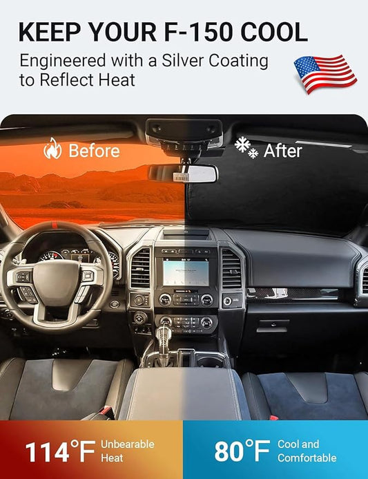 Proadsy 2026 Upgrade Front Windshield Sun Shade Foldable Sunshade Protector Custom Fit 2015-2020 Ford F-150 F150 Lariat, King Ranch, Platinum, XL XLT Limited Raptor Accessories