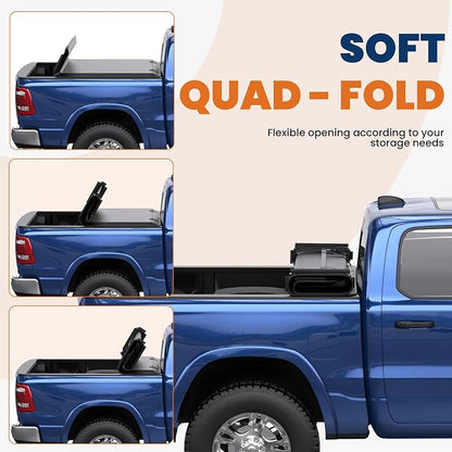 KUIPERAUTO 6.4FT Soft Quad-fold Truck Tonneau Cover Compatible for 2002-2026 Dodge Ram 1500(Incl. 2019-2023 Classic & 2019-2026 New Body Style)/2003-2026 Ram 2500 3500 W/o Ram Box 6.4 Feet Bed