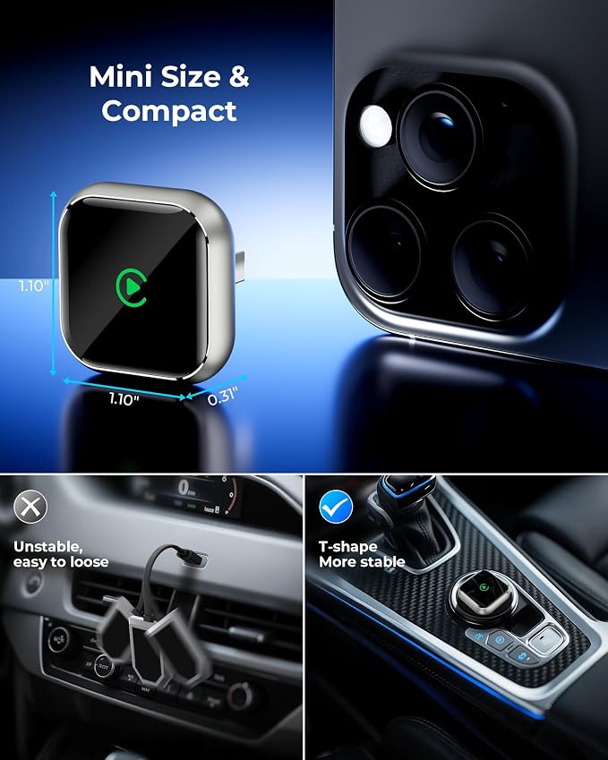 Wireless CarPlay Adapter for Apple iPhone - Upgrade Wired CarPlay to Wireless Device, Mini T-Shaped for Car USB Plug and Play Auto Reconnect, for GPS Navigation Audio Satellite Radio Equipment