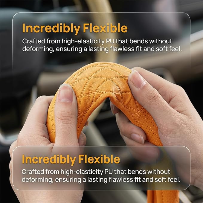 Zpana Car Steering Wheel Cover, 14.5-15" Breathable Soft Leather Vehicle Steering Wheel Protector with Anti-Slip Lining, Comfortable Auto Interior Decoration Accessories, Universal Fit (Orange)