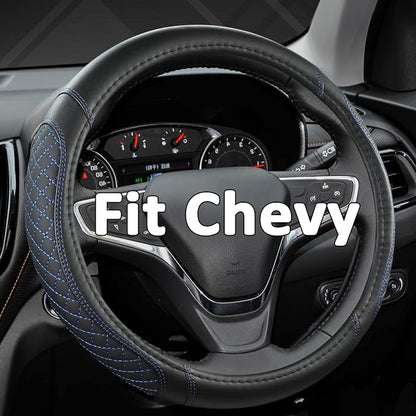 West Llama Customized Auto Car Steering Wheel Cover for Chevy Silverado,Tahoe,Equinox,Traverse,Trailblazer,Colorado (Diamond Quilted-Black+Blue-Standard Size)