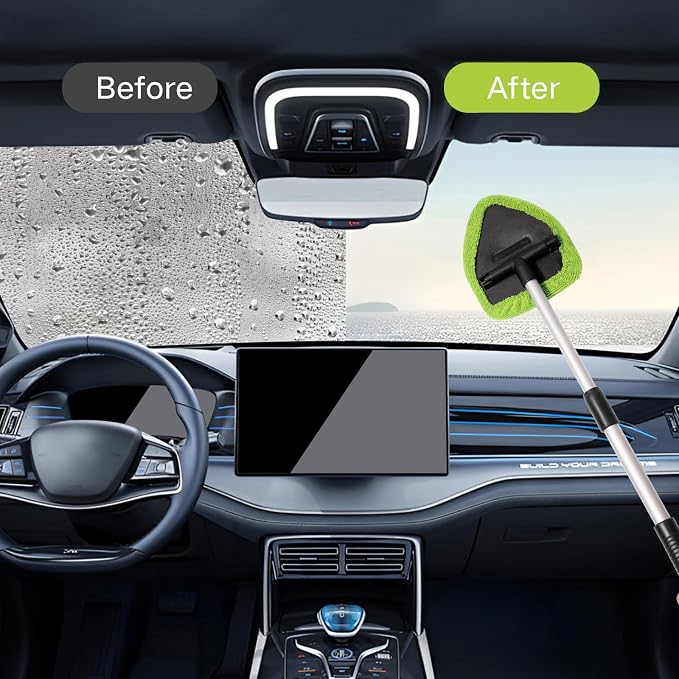Qydipclin 7pcs Windshield Cleaner Tool Car Window Cleaning Wash Kit with 4 Reusable Microfiber Pads 1 Spray Bottle and Extendable Handle Auto Glass Wiper Kit, Blue&Green