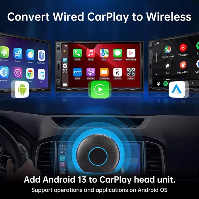 4 in 1 CarPlay AI Box, Android13 Magic AI Box Wireless CarPlay & Android Auto Adapter, Support Netflix/YouTube, Fit for Cars with Wired CarPlay/Android Auto, Plug & Play