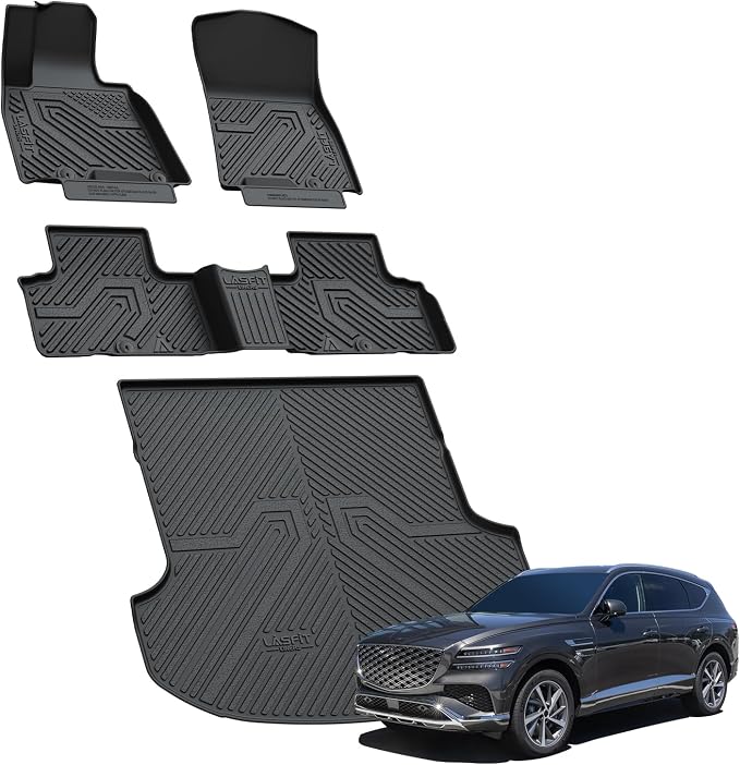 LASFIT Floor Mats & Cargo Mat for Genesis GV80 2021-2024(Fit 5 Seats; Not fit G80), TPE All Weather Protection Custom Fit 1st & 2nd Row Rubber Floor Liners for GV80 Automotive Accessories, Black