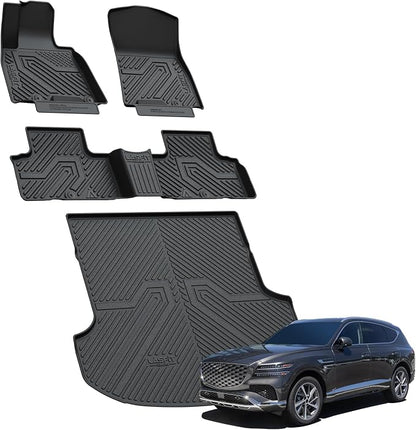 LASFIT Floor Mats & Cargo Mat for Genesis GV80 2021-2024(Fit 5 Seats; Not fit G80), TPE All Weather Protection Custom Fit 1st & 2nd Row Rubber Floor Liners for GV80 Automotive Accessories, Black
