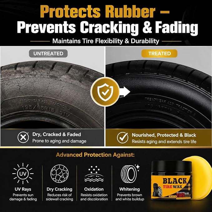 XIRUJNFD 80g Premium Tire Coating & Trim Restorer, Restores Deep Black Shine on Rubber, Tire Shine Polishing Paste with Sponge, Long-Lasting Coating Protection for Car, Truck, Motorcycle, RV (1)