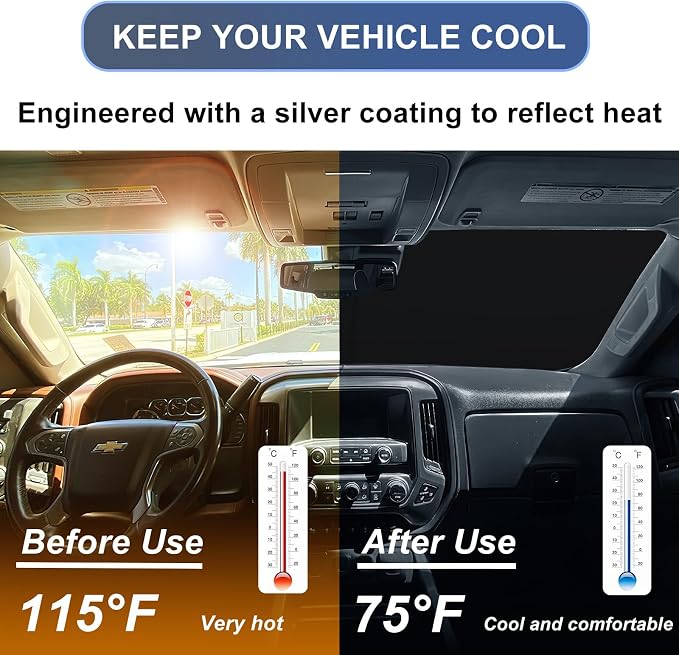 Windshield Sun Shade Foldable for 2014-2018 Chevy Silverado/GMC Sierra 1500 2500HD 3500HD Fully Covered Front Window Shade Sun Visor, Blocks UV Rays and Heat, Keep Cool and Protect Interior